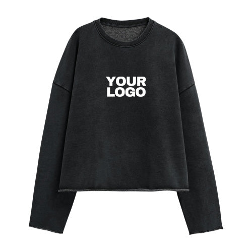 Sweatshirt noir cropped 440GSM Stamped à coupe courte, effet délavé