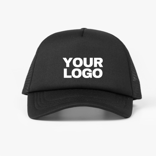 Casquette personnalisée noire avec logo blanc centré, modèle trucker à filet, disponible en plusieurs couleurs