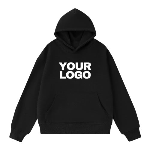 Hoodie noir unisexe en coton lourd, présentation studio